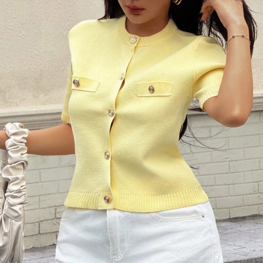 Yellow Casual Women's Minimalist Versatile Short Sleeve Knit Top - Picture 6 of 11